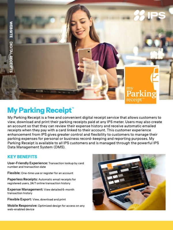 My parking receipt brochure featuring a woman on her laptop and phone in the header