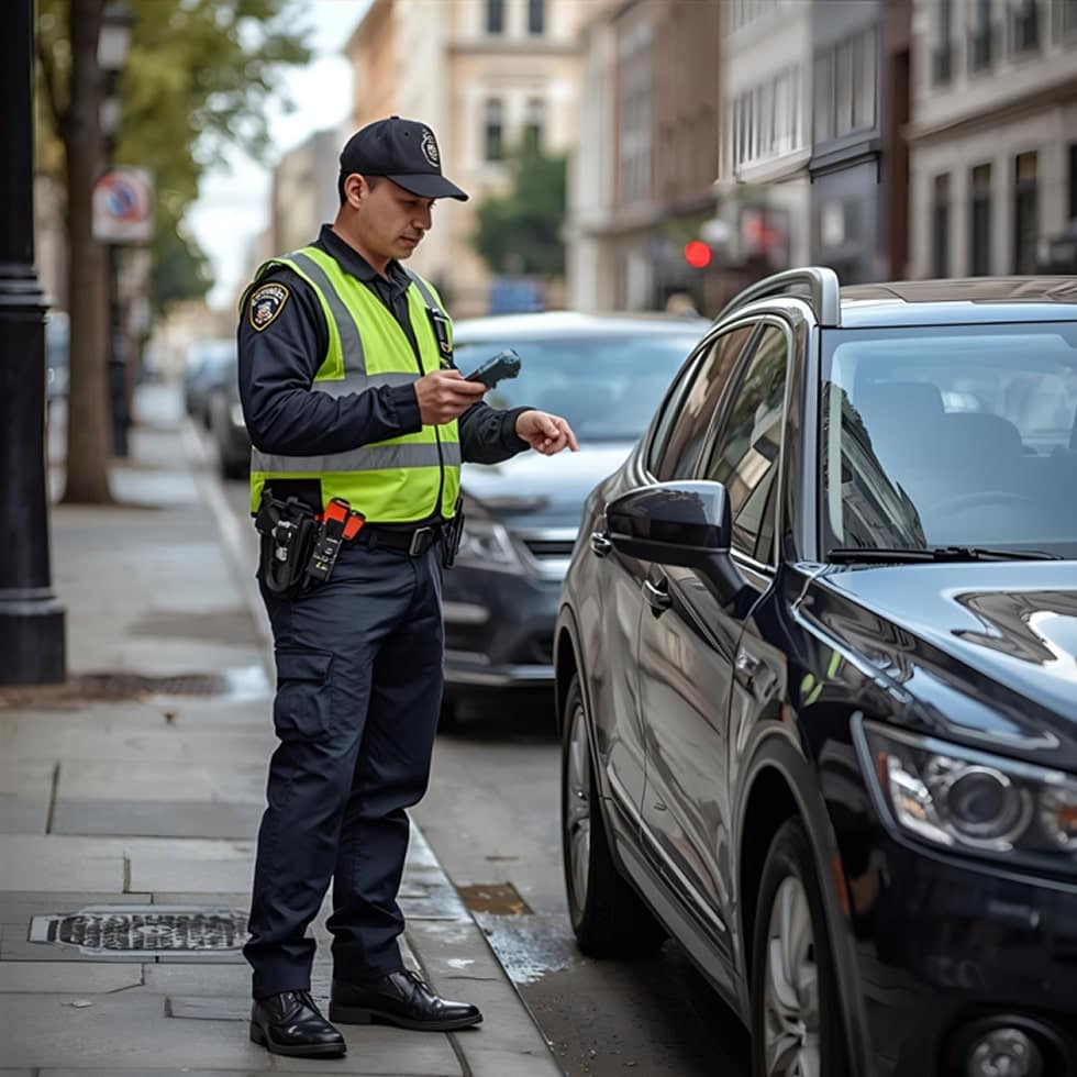 parking enforcement officer printing ticket for a car