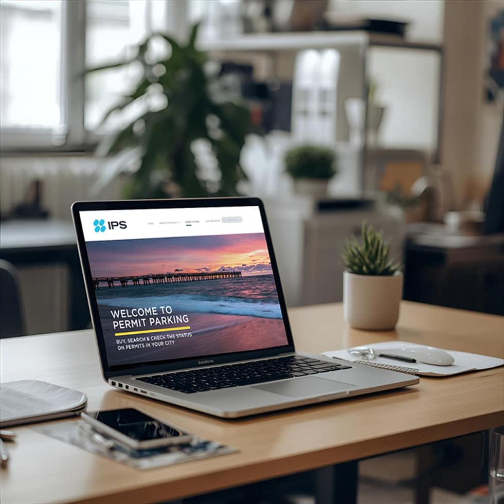 laptop on a desk next to a smartphone, potted plan, and notebook. laptop screen displays the home page of the ips group permit parking software program